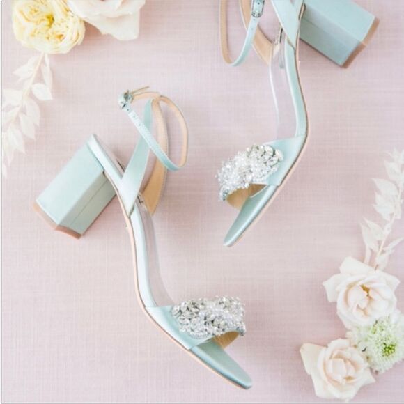 Badgley Mischka Clara embellished strap block heel blue satin heel Size 6 $235 - Picture 6 of 11